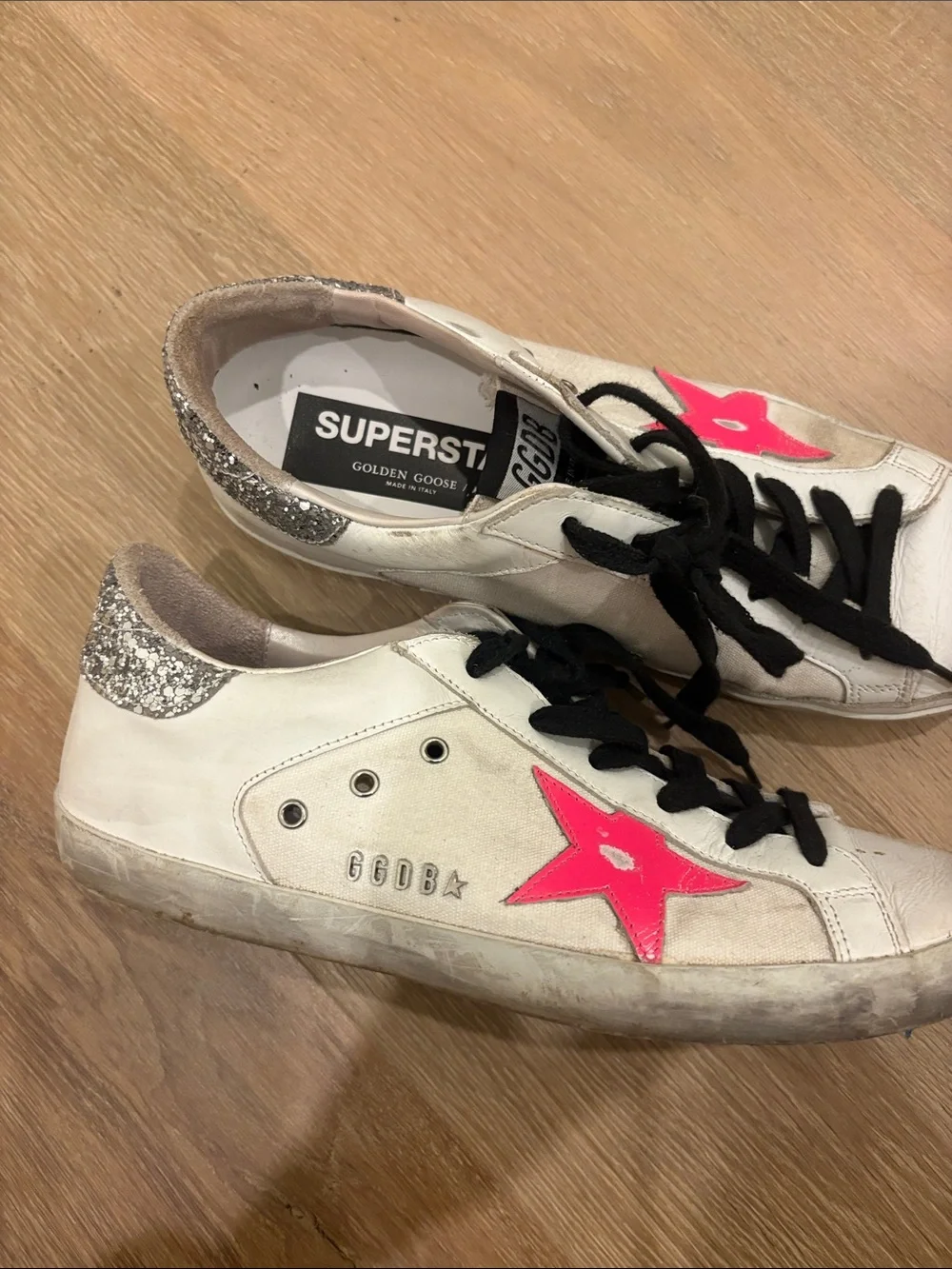 Golden Goose White Sneakers with Pink Star and Black Laces